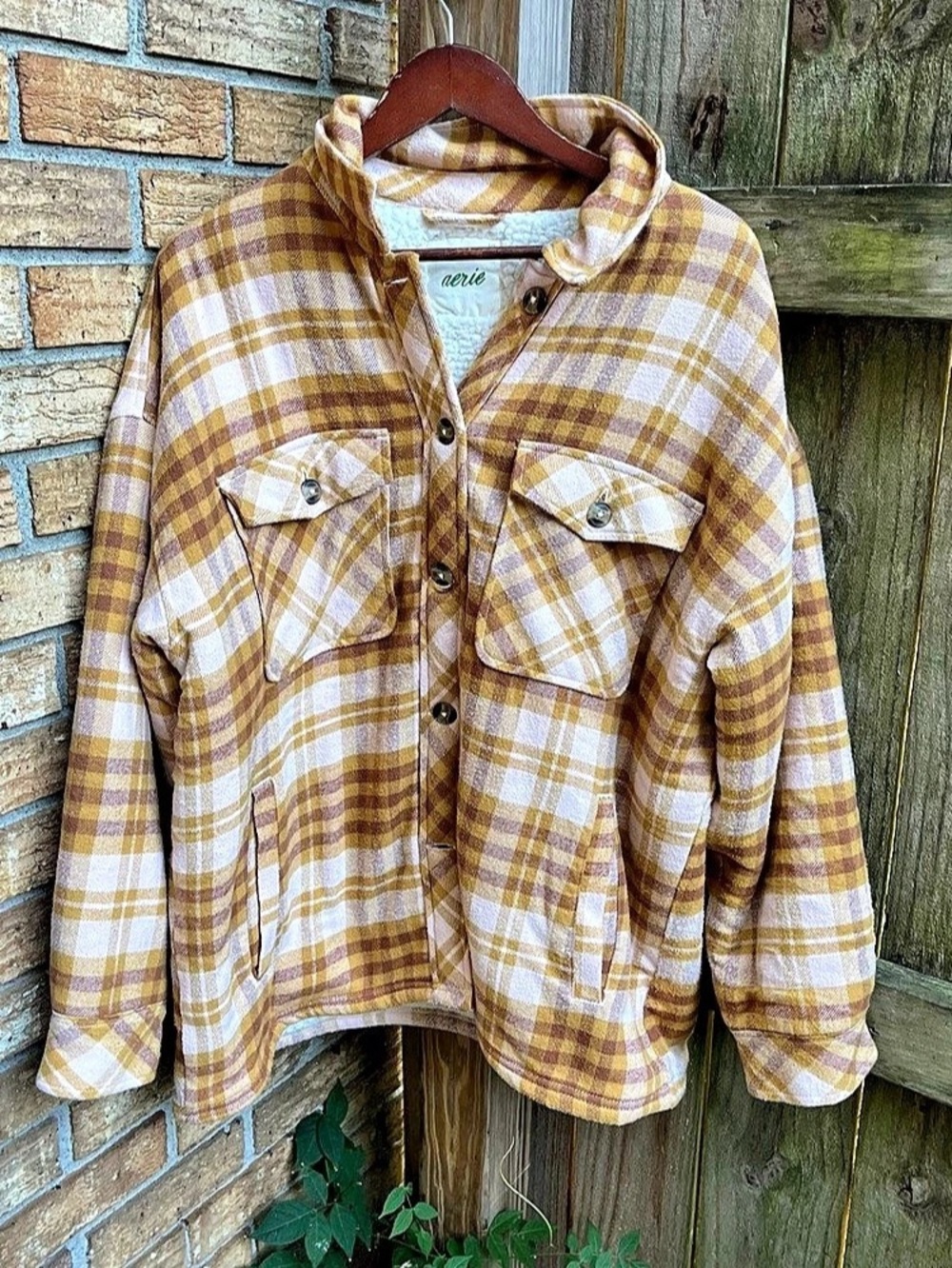 aerie Oversized Sherpa Flannel Shacket Plaid Jacket Yellow & Brown